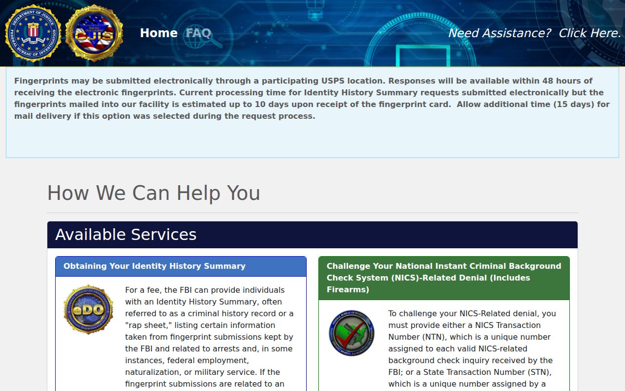 FBI electronic identity history request portal for a Belle Rive resident reviewing their own record