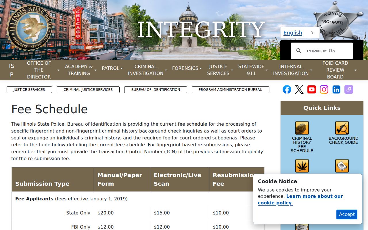 ISP criminal-history fee schedule used for Dahlgren records